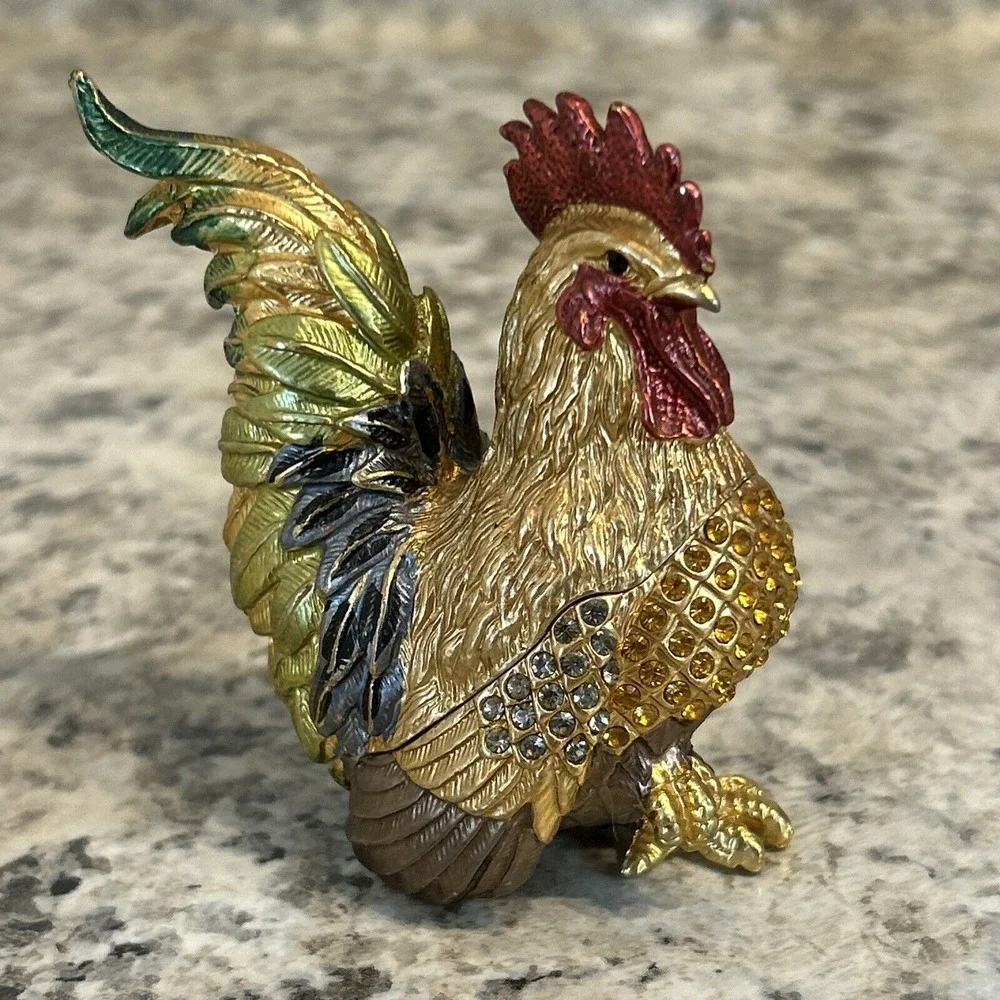 Beautiful Metalic‎ Enamel And Rhinestone Rooster Trinket Box